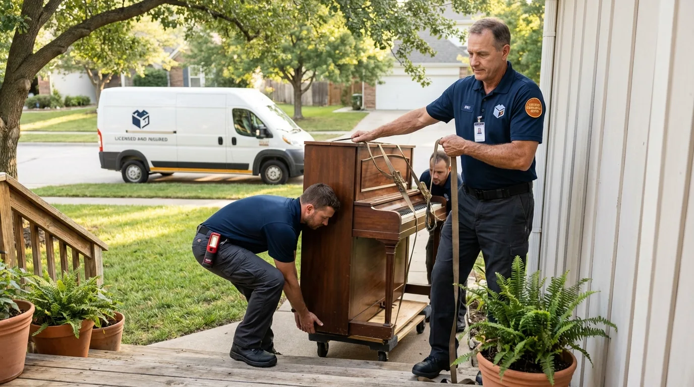 Licensed piano movers securing grand piano in Mart, TX