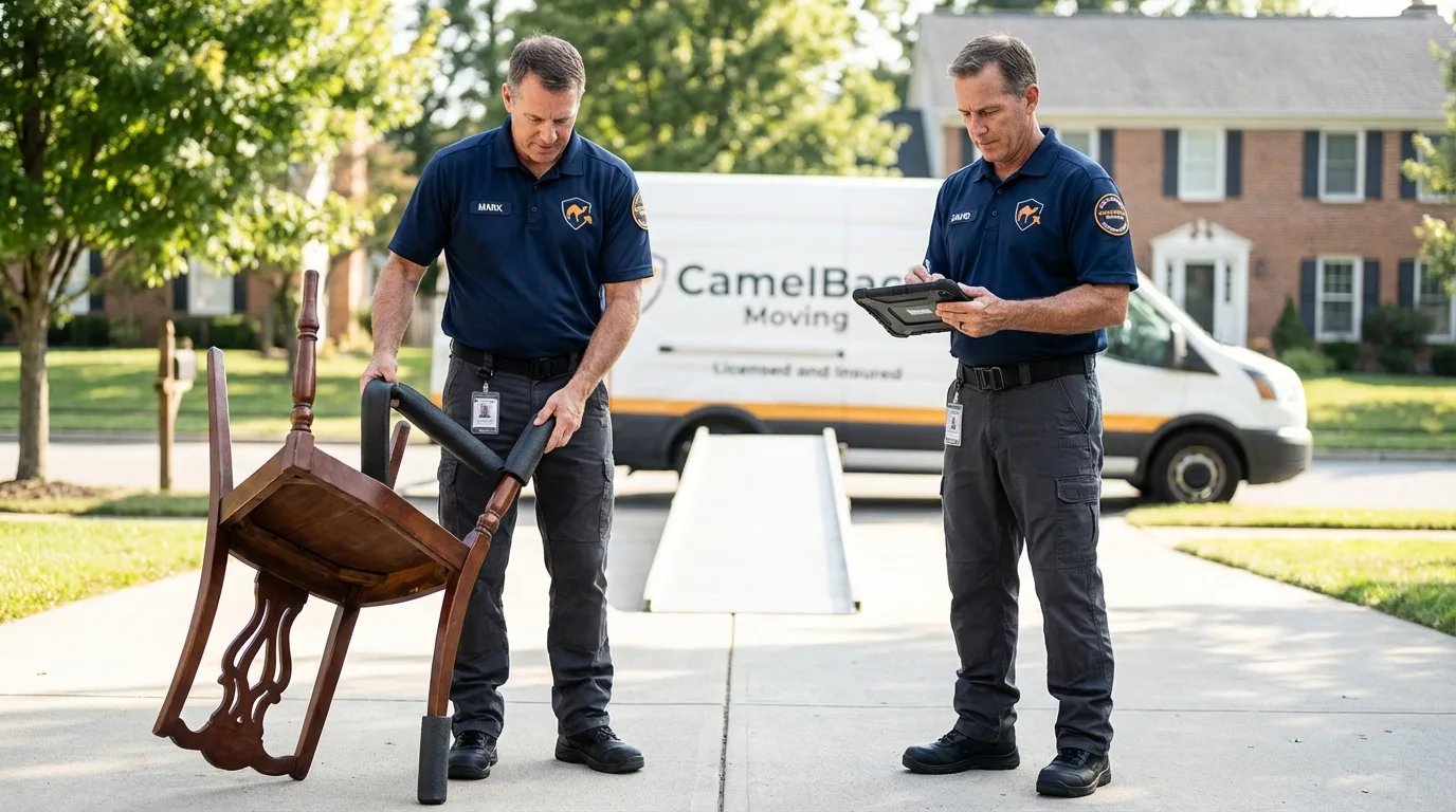 Movers inspecting furniture for damage prevention before loading in Mart, TX