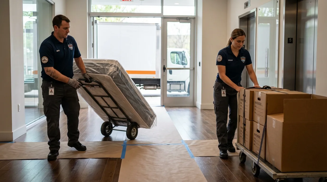 Professional apartment movers loading elevator in Mart, TX
