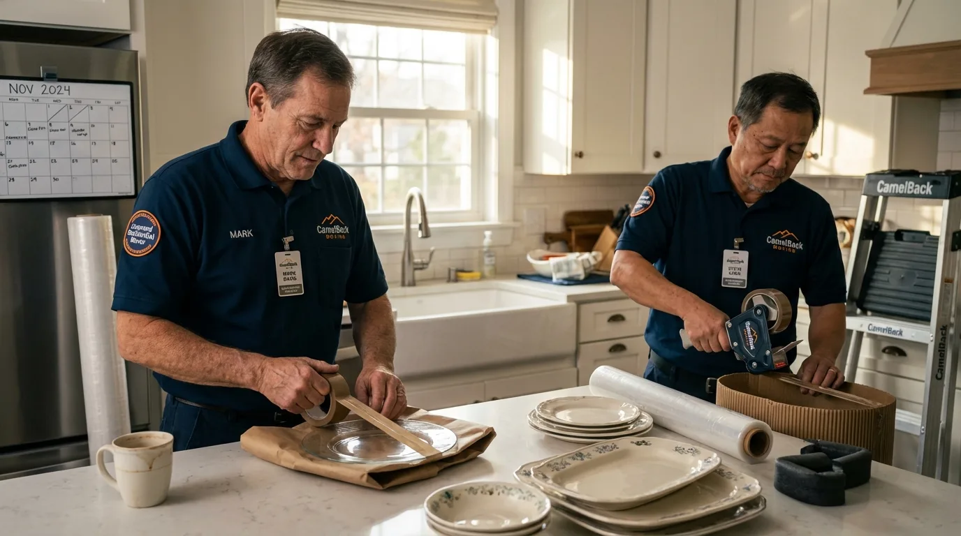 Professional crew packing kitchen dishware in Mart, TX